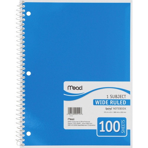SPIRAL NOTEBOOK, 1 SUBJECT, WIDE/LEGAL RULE, ASSORTED COLOR COVERS, 10.5 X 7.5, 100 SHEETS