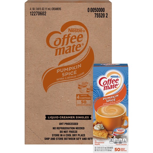 LIQUID COFFEE CREAMER, PUMPKIN SPICE, 0.38 OZ MINI CUPS, 50/BOX, 4 BOXES/CARTON, 200 TOTAL/CARTON