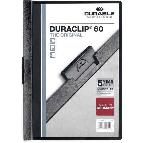 VINYL DURACLIP REPORT COVER W/CLIP, LETTER, HOLDS 60 PAGES, CLEAR/BLACK, 25/BOX